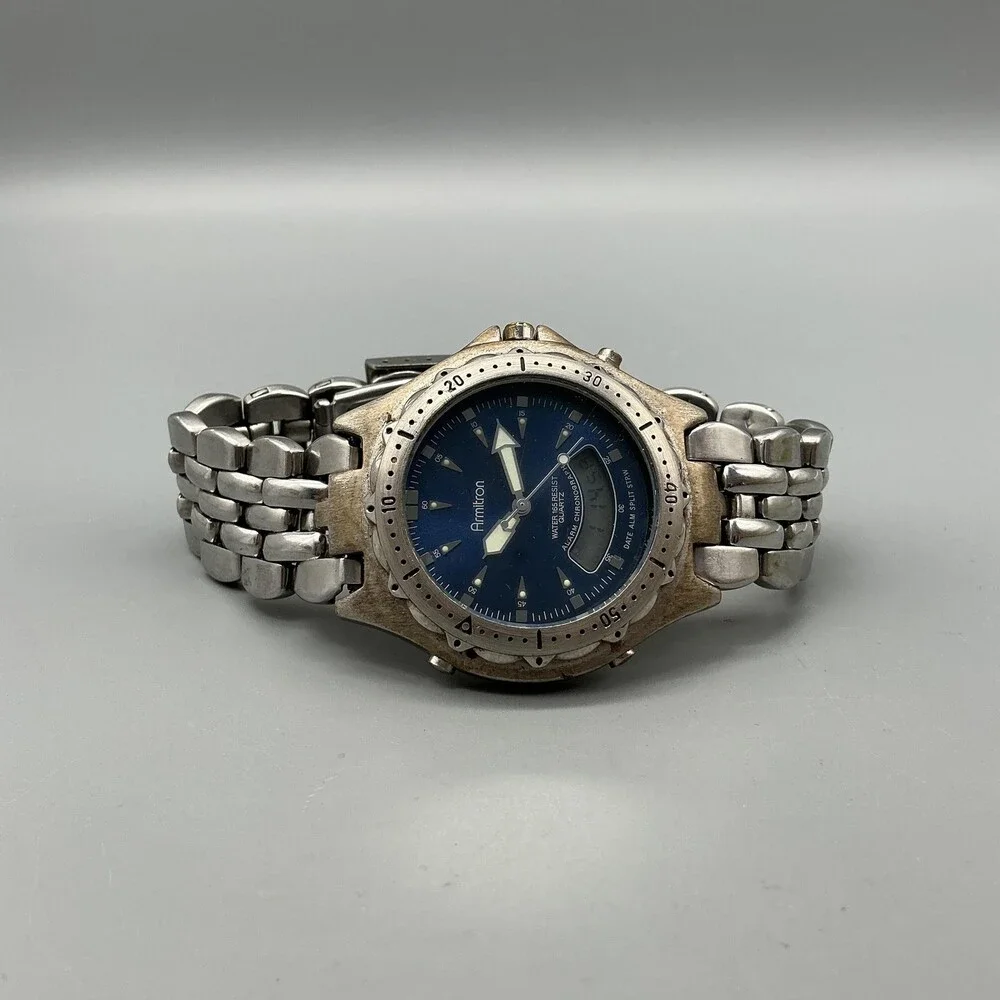 Armitron 20/1301 T206 Men Watch 34mm Blue Dial Two Silver Tone New Battery 7.75